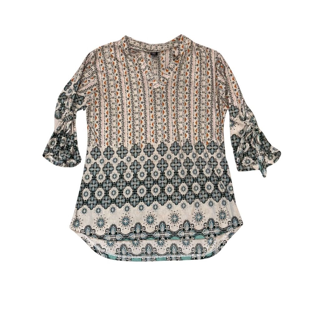 Lildy Boho Split Sleeve Tunic Top L XL Bell Tie Sleeve Geometric Print Stretchy